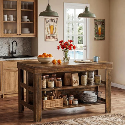 Tribesigns 55.1-Inch Kitchen Island with Seating and Storage, 3-Tier Large Farmhouse Island Table with Large Countertop and Leg Room for Kitchen Dining Room (deep Brown)