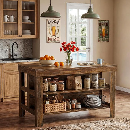 Tribesigns 55.1-Inch Kitchen Island with Seating and Storage, 3-Tier Large Farmhouse Island Table with Large Countertop and Leg Room for Kitchen Dining Room (deep Brown)