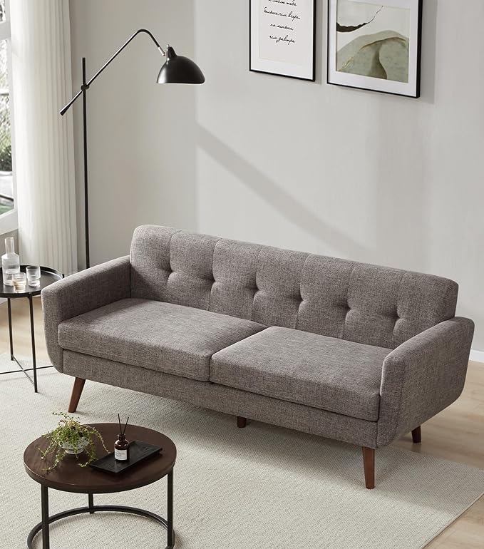 Tbfit 77.2" W Linen Sofa Couch, Mid Century Modern Decor Loveseat Couches for Living Room, Button Tufted Upholstered Small Couch for Bedroom, Solid, and Easy to Install Love Seats Furniture, Grey