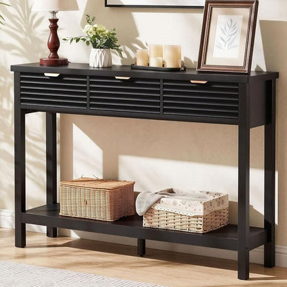 LEYAOYAO Fluted 47.2" Console Table with 3 Drawers, Modern Wood 2 Tier Entryway Table with Open Storage Shelf, Boho Sofa Entry Tables Behind Couch for Living Room, Hallway, Entrance Foyer, Black Oak