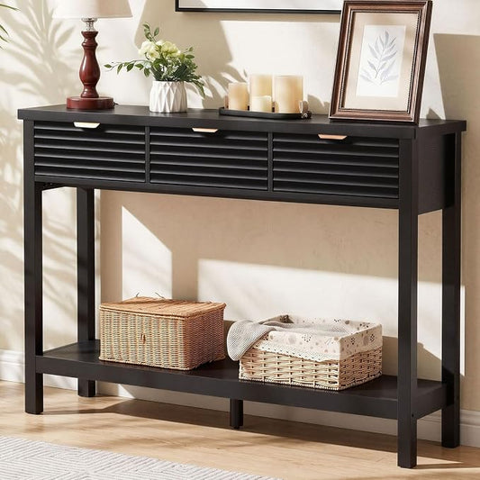 LEYAOYAO Fluted 47.2" Console Table with 3 Drawers, Modern Wood 2 Tier Entryway Table with Open Storage Shelf, Boho Sofa Entry Tables Behind Couch for Living Room, Hallway, Entrance Foyer, Black Oak