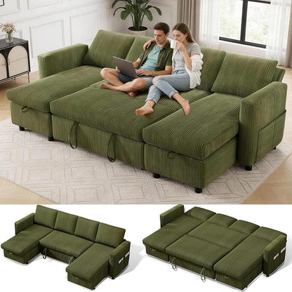 WEUP 106" U Shaped Sectional Sleeper Sofa Bed with Pull Out Bed, Sectional Sleeper Couch Pull Out Couch with Reclining Backrest/Reversible Storage Chaise/USB Ports/Tool-Free Assembly, Corduroy Green
