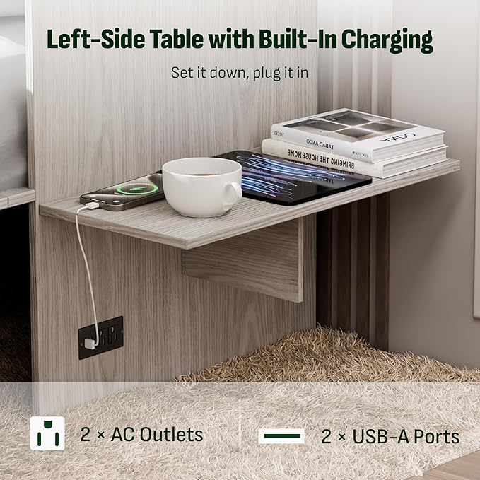 Softa Queen Murphy Bed Cabinet with 4" Tri-Fold Mattress, Storage Drawer & Charging Station, 1200 Lb Heavy Duty Wood Wall Bed with Fold-Down Desk for Guest Room & Home Office, No Box Spring Needed