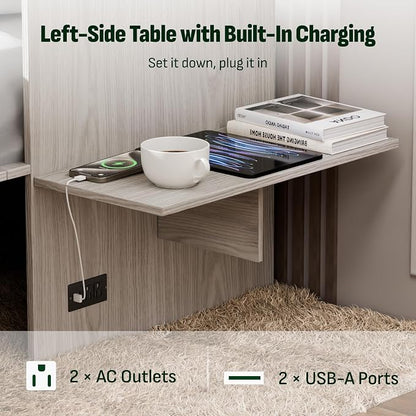 Softa Full Murphy Bed Cabinet with 6" Tri-Fold Mattress, Storage Drawer & Charging Station, 1200 Lb Heavy Duty Wood Wall Bed with Fold-Down Desk for Guest Room & Home Office, No Box Spring Needed
