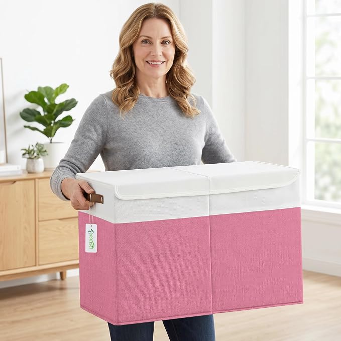 Bagnizer Large Toy Storage Box with Lids, Collapsible Sturdy Baby Storage Organizer Chest Bin Basket for Kids, Boys, Girls, Playroom, Nursery, Bedroom, Closet 25"x13"x16" (Pink and White)