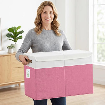 Bagnizer Large Toy Storage Box with Lids, Collapsible Sturdy Baby Storage Organizer Chest Bin Basket for Kids, Boys, Girls, Playroom, Nursery, Bedroom, Closet 25"x13"x16" (Pink and White)