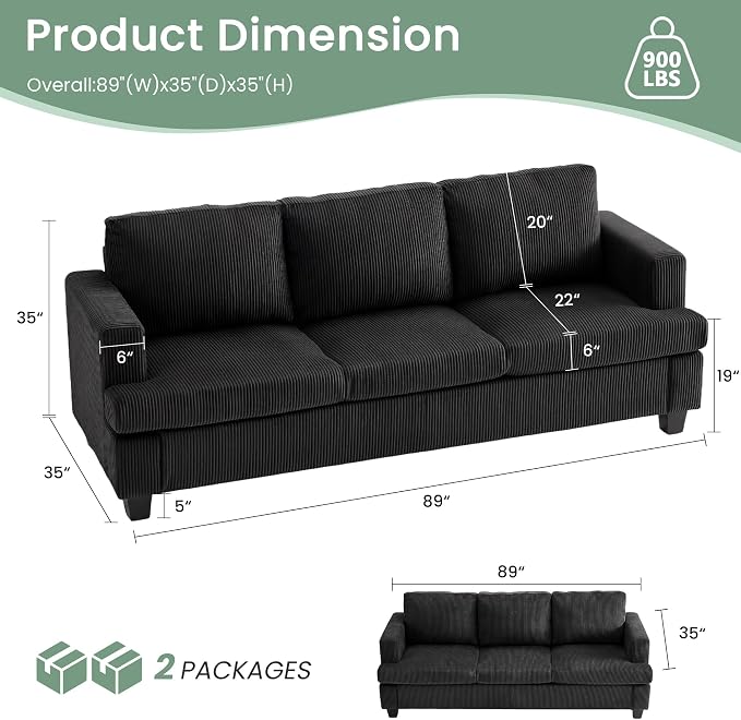 3 Pieces Corduroy Couch Set for Living Room, 7 Seats Cloud Sofa, Deep Seat Floor Couch for Bedroom, Futon Modern Sofa Sectional Bed, Black Corduroy