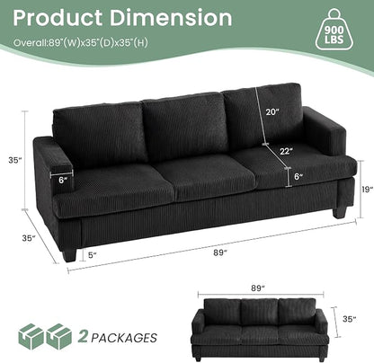 3 Pieces Corduroy Couch Set for Living Room, 7 Seats Cloud Sofa, Deep Seat Floor Couch for Bedroom, Futon Modern Sofa Sectional Bed, Black Corduroy