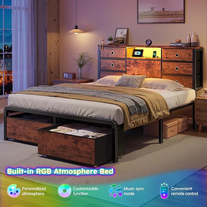 Homkdom Queen Size Bed Frame with 8 Fabric Drawers Storage, LED Lights & Charging Station, and Headboard Storage,Offering Noise-Free Support and Easy Assembly for Bedroom,Modern Brown