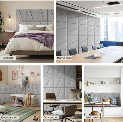 Peel and Stick Headboard Panels for King Bed, Upholstered Wall Mounted Headboard in Lighe Gray, Soft Padded Fabric Noise-Reducing Panels with Modern Stylish Design for Bedroom Decor (8 Panels)