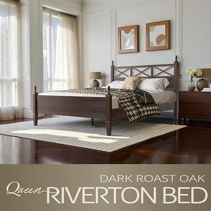 Queen Size Bed Frame with Headboard & Footboard, Solid Wood Platform Bed, Central Metal Legs, 12 Sturdy Slatted Base, Noise-Free & Anti-Slip, No Box Spring Needed, Dark Roast Oak Finish RIQ-32