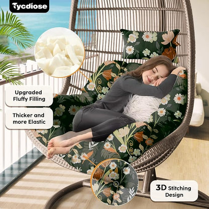 Outdoor Hanging Egg Chair Cushion Replacement, Extra Large Waterproof Egg Swing Cushions with Headrest Pillow and Ties, U-Shaped Thickened Cushion for Hanging Eggs Chair (Green Floral)