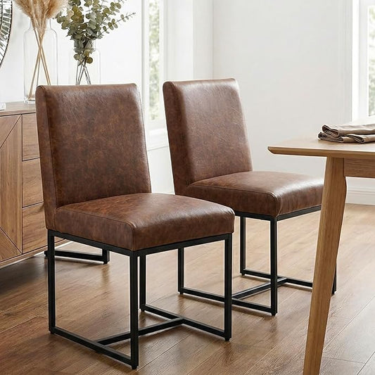 HNY Modern Dining Chairs Set of 2, Upholstered Leather Dining Room Chairs with Ergonomic Back & Metal Frame for Home, Kitchen, Apartment, Brown