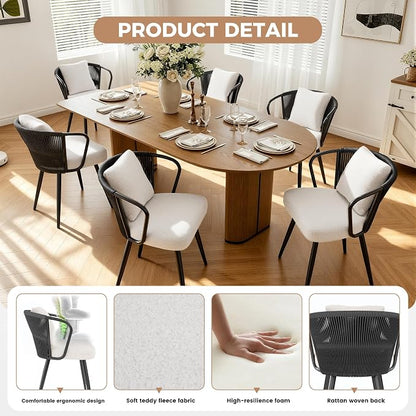 Rope Weaving Dining Chairs Set of 6, Rattan Upholstered Kitchen Chair with Metal Legs, Ergonomic Curved Backrest, Modern Living Room Chairs with Throw Pillow for Kitchen, Black