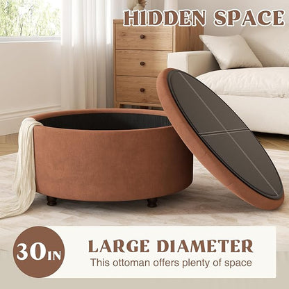 30 Inch Round Storage Ottoman,Modern Tufted Ottomans,Upholstered Large Ottoman with Storage with Removable Top Footrest Stool for Bedroom Living Room (Orange)