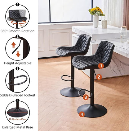 YOUTASTE Black Bar Stools Counter Height Bar Stool Set of 2 Adjustable Swivel Faux Leather Barstools with Padded Back Diamond Metal Bar Chairs for Home Kitchen Island