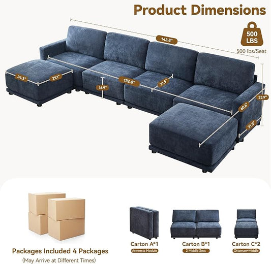 143.8" Modular Sectional Sofa Modern Chenille U Shaped Couch with Thickened Seat Cushions, Easy Assembly, Upholstered 6 Seater Couch with 2 Movable Ottomans for Living Room, Blue