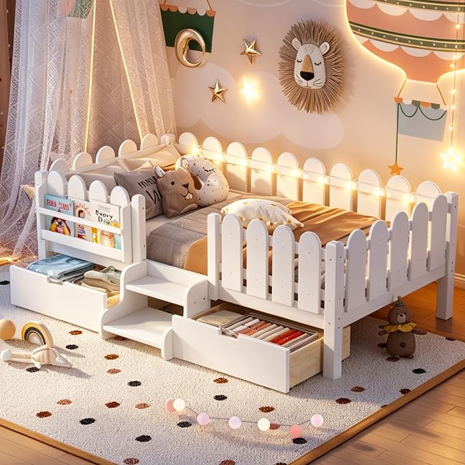 Bellemave Twin Montessori Bed with Stairs, Lights, Rails and Slats, Twin Size Montessori Floor Bed with Bookshelf and 2 Storage Drawers, Easy Assemble Beds Frame for Girls, Boys, White