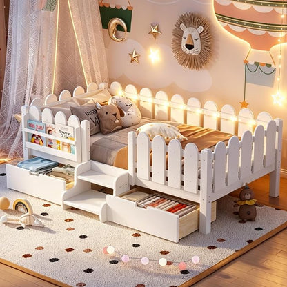 Bellemave Twin Montessori Bed with Stairs, Lights, Rails and Slats, Twin Size Montessori Floor Bed with Bookshelf and 2 Storage Drawers, Easy Assemble Beds Frame for Girls, Boys, White