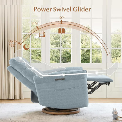 CHITA Power Recliner Chair, Electric Triple-Motor Swivel Glider Nursery Rocking Chair with Adjustable Power Headrest and Lumbar Support, GREENGARD Gold Certified, Solid Wood Base, Baby Blue