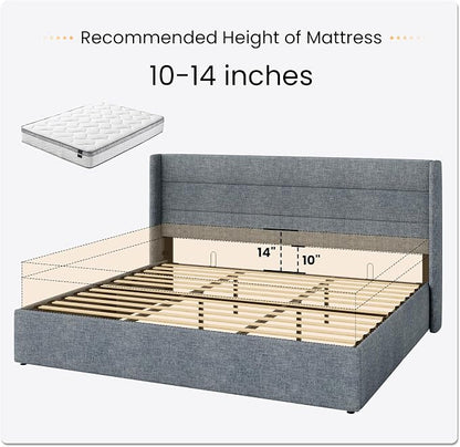 SHA CERLIN King Size Lift Up Storage Bed/Modern Wingback Headboard/Upholstered Platform Bed Frame/Hydraulic Storage/No Box Spring Needed/Wood Slats Support/Grey Blue