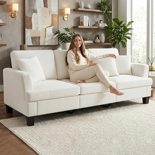 Modern 3 Seater Sofa for Living Room with Soft Deep Seats, Sofa 3 Seater in Linen, Upholstered Apartment Sofa with Armrests, Comfy Cozy Sofas for Bedroom (Corduroy, White)