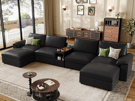 EASE MOOSE Leather Sectional Couch with Console,Oversized Modular Sectional Sofas,Wide Deep Seat Modular Couch,Scratch Resistant Faux Leather Material,U Shaped Sofa for Big Spaces,Black