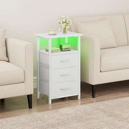 Vagusicc Night Stand with Charging Station, LED Nightstand for Bedroom, White Bedside Table with 3 Fabric Drawers, End Table Side Table with USB Ports and Outlets, Bed Side Table for Bedroom, White
