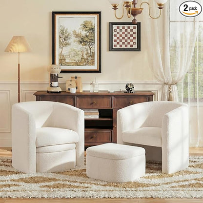 COLAMY Morden Velvet Barrel Accent Chair with Storage Ottoman Set of 2, Upholstered Living Room Side Chair, Single Sofa Armchair with Lounge Seat for Bedroom/Office/Reading Spaces, Cream