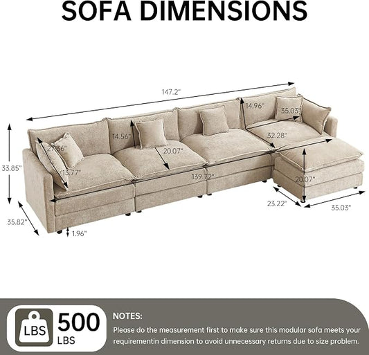 Modular Sectional Sofa, 147.2 Inch L Shaped Couch Set with Armrests, 4-Seater Comfy Cloud Couches with Movable Ottoman for Living Room Apartment, Coffee