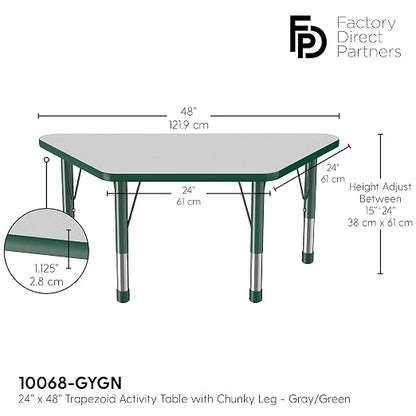 FDP Trapezoid Activity School and Classroom Kids Table (24 x 48 inch), Chunky Toddler Legs for Collaborative Seating Environments, Adjustable Height 15-24 inches - Gray Top and Green Edge
