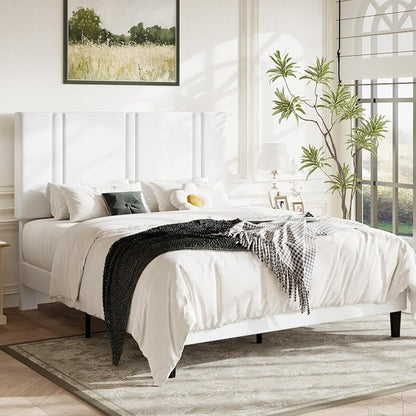 Allewie Full Size Platform Bed Frame with Adjustable Headboard, Plush Velvet Upholstered, Vertical Channel Tufted, Sturdy Wooden Slats, No Box Spring Needed, Easy Assembly, White