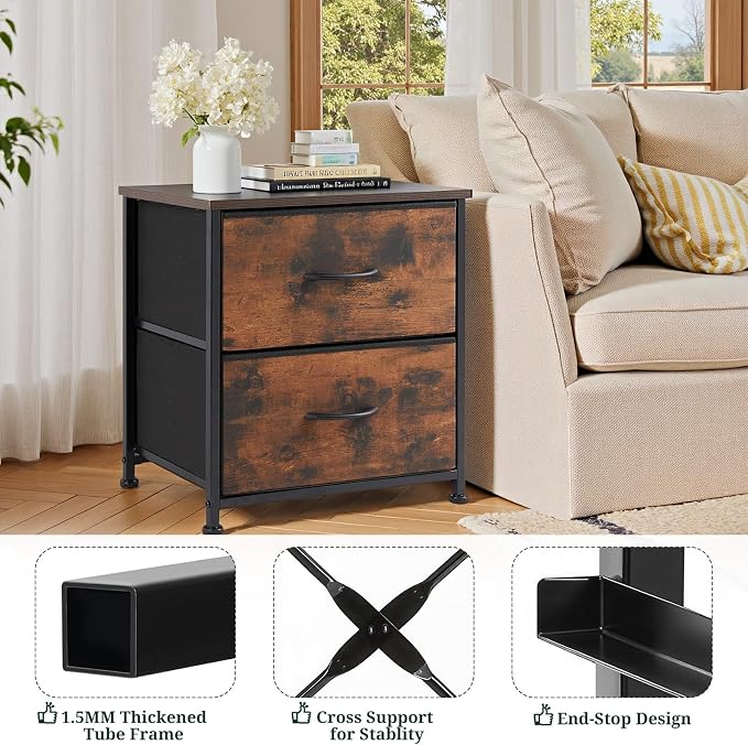 Nightstand Set of 2, Small 2 Drawer Dresser End Table Bedside Furniture, Wooden Top Fabric Bins for Bedroom, Closet, Entryway, Dorm, 11.8" D x 18" W x 20", Brown