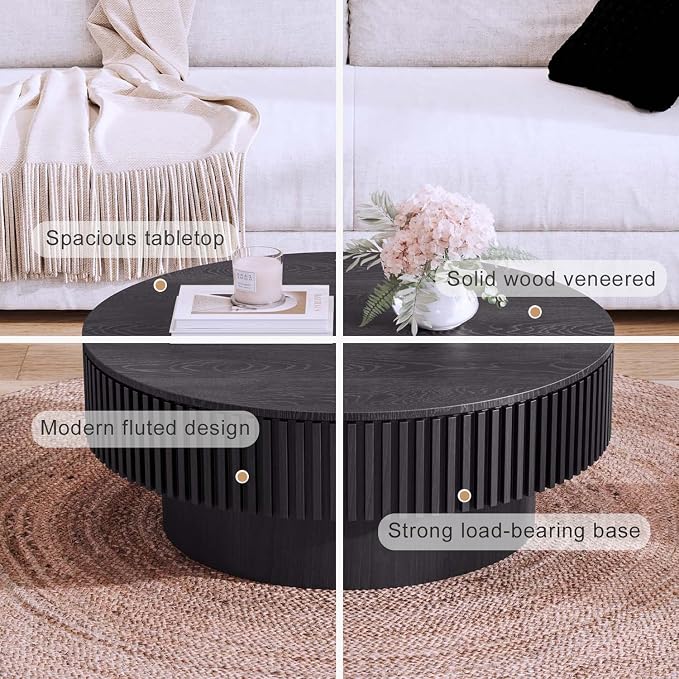 Round Coffee Table with Storage, Modern Wooden Coffee Table with Solid Wood Veneered, Circle Center Table Accent Tea Table for Living Room Apartment Small Space (31.5''L × 31.5''W × 14''H, Black)