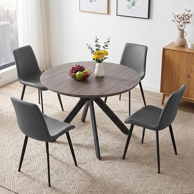 HIPIHOM 43.2"-59.1" Round Dining Kitchen Table with 4 PU Leather Chairs | Mid century modern oak MDF board, scratch resistant & easy clean, space saving, fits 4-6 person