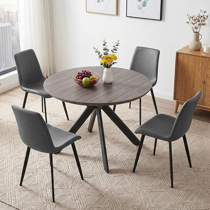 HIPIHOM 43.2"-59.1" Round Dining Kitchen Table with 4 PU Leather Chairs | Mid century modern oak MDF board, scratch resistant & easy clean, space saving, fits 4-6 person