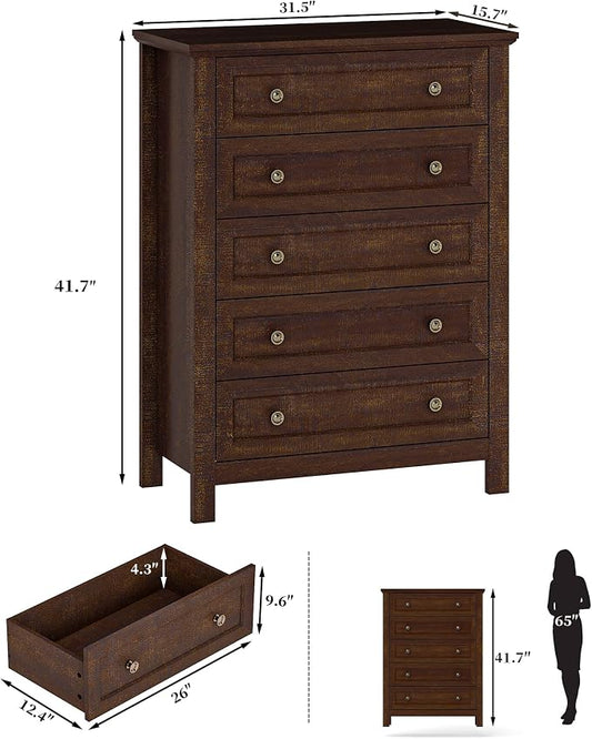 Farmhouse Dresser Nightstand Sets, 3-Piece Bedroom Furniture Set for Home | 5 Drawer Dresser Closet & 3 Drawer Nightstand Set of 2, Chest of Drawers for Bedroom, Living Room, Entryway, Dark Brown
