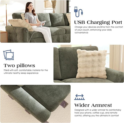 Ihanherry L-Shaped Sectional Sofa Bed, 6-Seater Convertible Pull Out Sleeper with Storage Ottoman, USB Charging Ports & Wide Armrests, Premium Chenille Fabric for Large Living Room, Apartment（Gray）