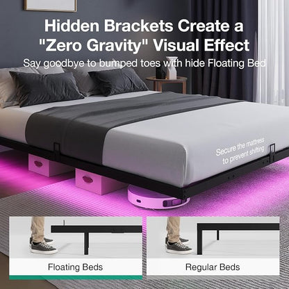 Novilla Floating Bed Frame with LED Lights, Modern Platform Queen Bed Frame with Mattress Slide Stopper, Easy Assembly, No Box Spring Needed, Noise Free