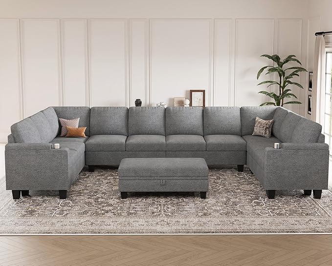 Belffin Oversized U Shaped Modular Sectional Couches for Living Room 10 Seater Modular Sofa Set with Storage Ottoman Large Sectional Couch with Cup Holder. Light Grey Sofa