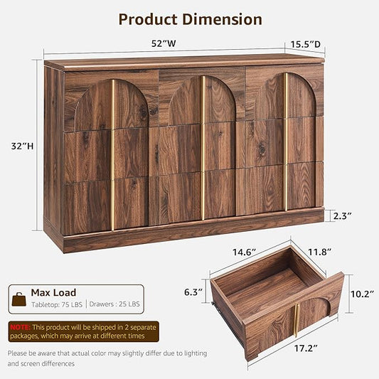 ACCOHOHO Arched Dresser for Bedroom with 9 Drawers, 52" Wide Modern Chest of Drawers with Rounded Edge & Metal Handles, Wood Storage Closet Dressers TV Stand for Living Room, Hallway, Brown