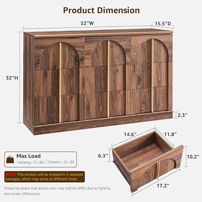 ACCOHOHO Arched 9 Drawers Dresser for Bedroom, 52" Wide Modern Chest of Drawers with Rounded Edge & Metal Handles, Wood Storage Closet Dressers TV Stand for Living Room, Hallway, Brown
