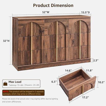 ACCOHOHO Arched 9 Drawers Dresser for Bedroom, 52" Wide Modern Chest of Drawers with Rounded Edge & Metal Handles, Wood Storage Closet Dressers TV Stand for Living Room, Hallway, Brown