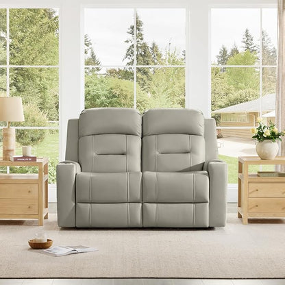 Watson & Whitely Genuine Leather Power Loveseat Recliner Sofa, Lay Flat Loveseat Reclining Sofa with Power Headrest, Cup Holders, USB & Type-C Ports, Dual Recliners for Living Room, Grey