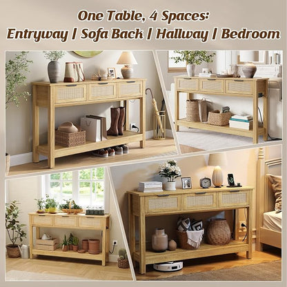 Luoxiao Entryway Table with Outlets & USB-C, 3 Drawers Rattan Console Table | Narrow Entry Table with Open Shelf, Anti-Tip, Easy Assembly, Boho Front Entrance Hallway Foyer Storage, 47 Inch, Natural Wood