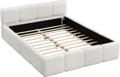 Merax Queen Size Boucle Platform Bed with Thick Headboard and Footboard, Block Style Upholstery Grounded Bed Frame, White