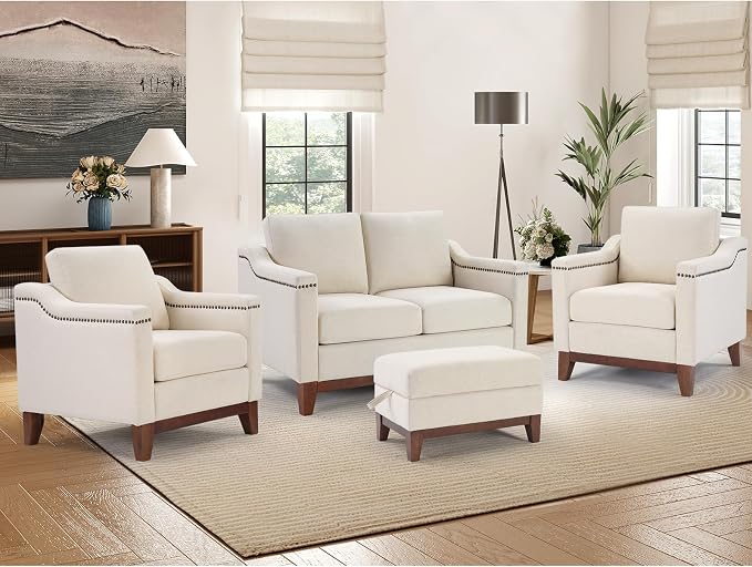 HAOMARKETS 4 Piece Fabric Sofa Set with Nailhead Trim, Included Upholstered Accent Chair Set of 2 with Thicked Cushion, Loveseat and Storage Ottoman with Flip-Top Table for Living Room, Beige