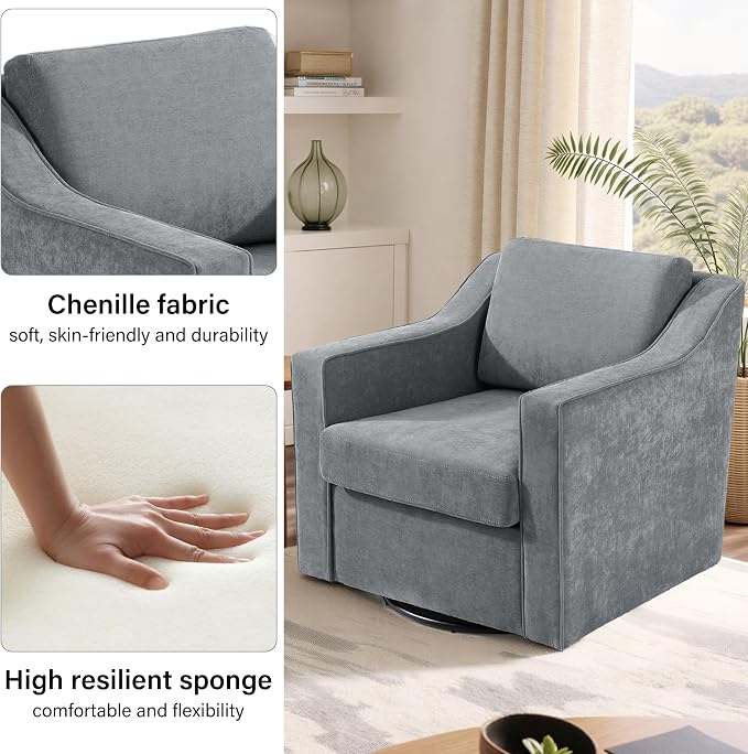 Swivel Accent Chair, Modern Round Barrel Arm Chair for Living Room, Bedroom, Comfy Club Reading Chairs for Adults (Chenille Grey, Set of 1)
