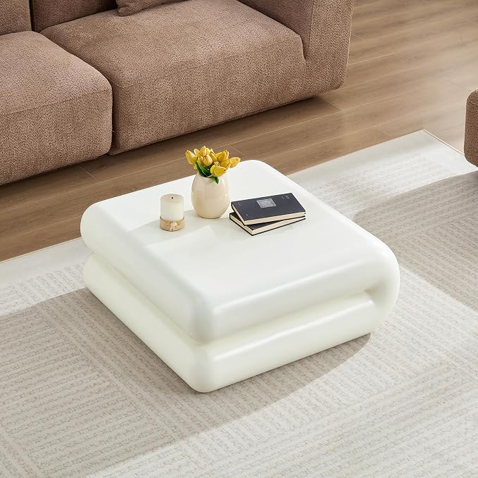 31.5" Modern White Coffee Table, Stone Coffee Table, Square Minimalist Center Table, Contemporary Low Sofa Side Accent End Tea Table for Living Room Bedroom Apartment, No Assembly Required