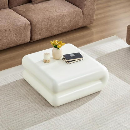 31.5" Modern White Coffee Table, Stone Coffee Table, Square Minimalist Center Table, Contemporary Low Sofa Side Accent End Tea Table for Living Room Bedroom Apartment, No Assembly Required